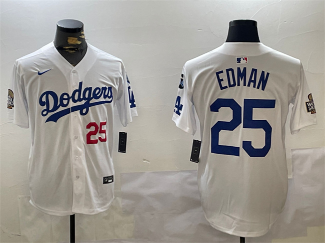 Los Angeles Dodgers #25 Tommy Edman White 2024 World Series With Fernando Memorial Patch Home Limited Stitched Jersey - Click Image to Close